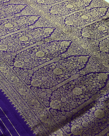 Banaras georgette silk saree Peacock Teal With Purple Zari Border | Glow & Glitter Boutique