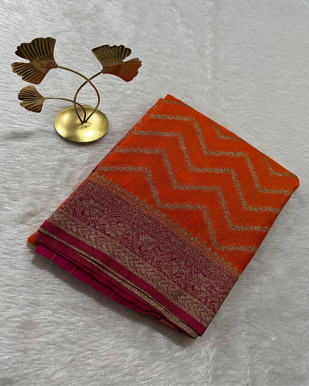Banaras georgette silk saree Burnt Orange With Pink Zari Border | Glow & Glitter Boutique