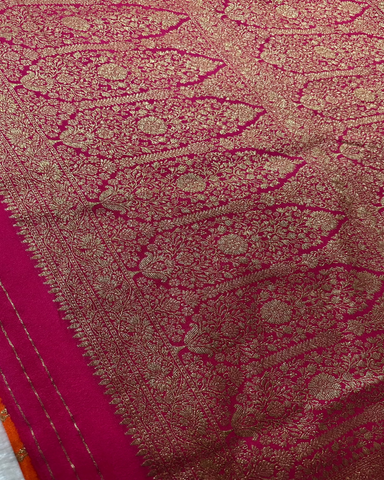 Banaras georgette silk saree Burnt Orange With Pink Zari Border | Glow & Glitter Boutique