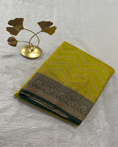 Banaras georgette silk saree Lemon Green With Green Zari Border | Glow & Glitter Boutique