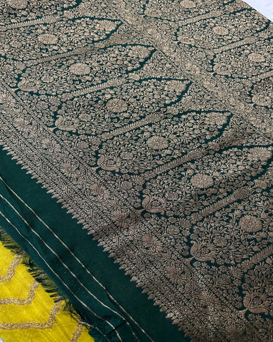 Banaras georgette silk saree Lemon Green With Green Zari Border | Glow & Glitter Boutique