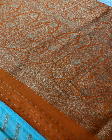 Banaras georgette silk saree Ice Blue With Burnt Orange Zari Border | Glow & Glitter Boutique