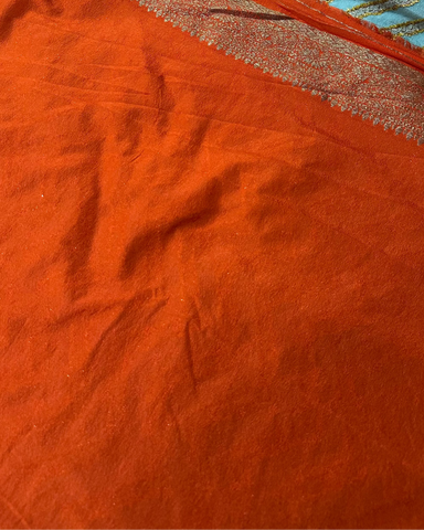 Banaras georgette silk saree Ice Blue With Burnt Orange Zari Border | Glow & Glitter Boutique