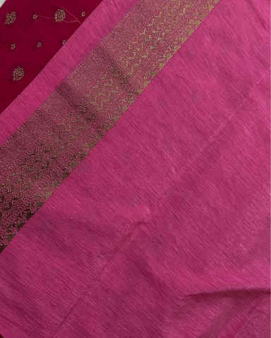 Khadi linen silk saree with contrast borders Meganta Pink With Baby Pink Zari | Glow & Glitter Boutique