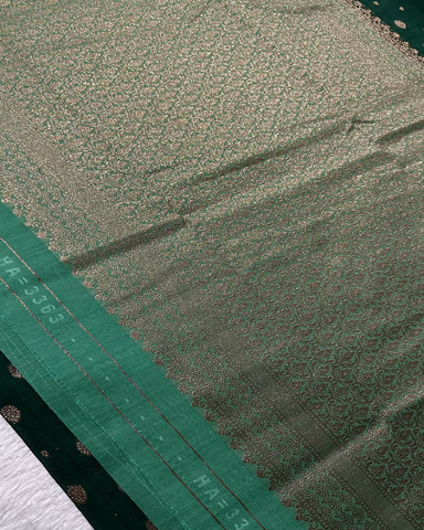 Khadi linen silk saree with contrast borders Bottle Green With Teal Green Zari | Glow & Glitter Boutique