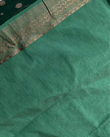 Khadi linen silk saree with contrast borders Bottle Green With Teal Green Zari | Glow & Glitter Boutique