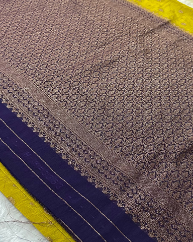 Khadi linen silk saree with contrast borders Lemon Green With Deep Purple Zari | Glow & Glitter Boutique