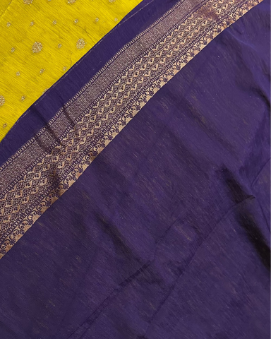 Khadi linen silk saree with contrast borders Lemon Green With Deep Purple Zari | Glow & Glitter Boutique