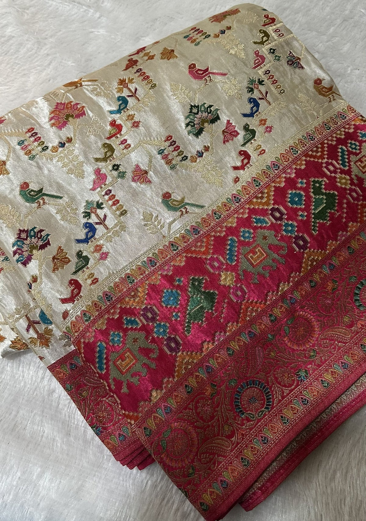 Premium Pashmina silk saree Pink shade With Multi Color Border | Glow & Glitter Boutique