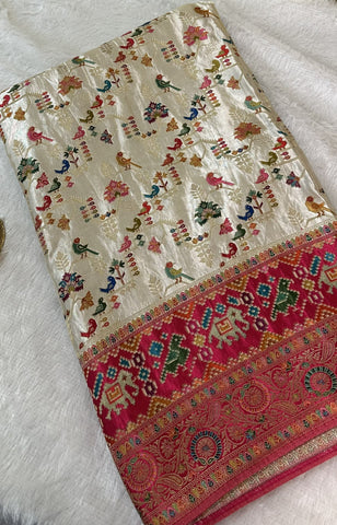 Premium Pashmina silk saree Pink shade With Multi Color Border | Glow & Glitter Boutique