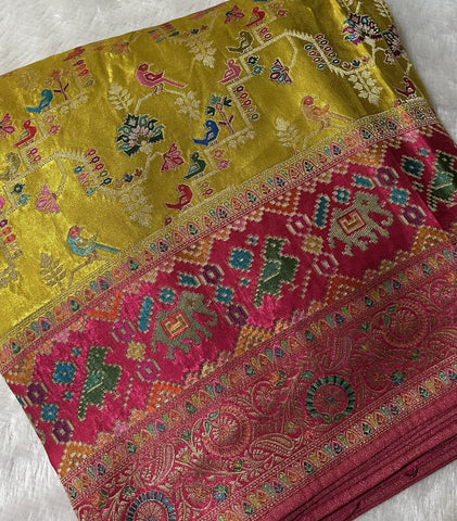Premium Pashmina silk saree Pink shade With Multi Color Border | Glow & Glitter Boutique