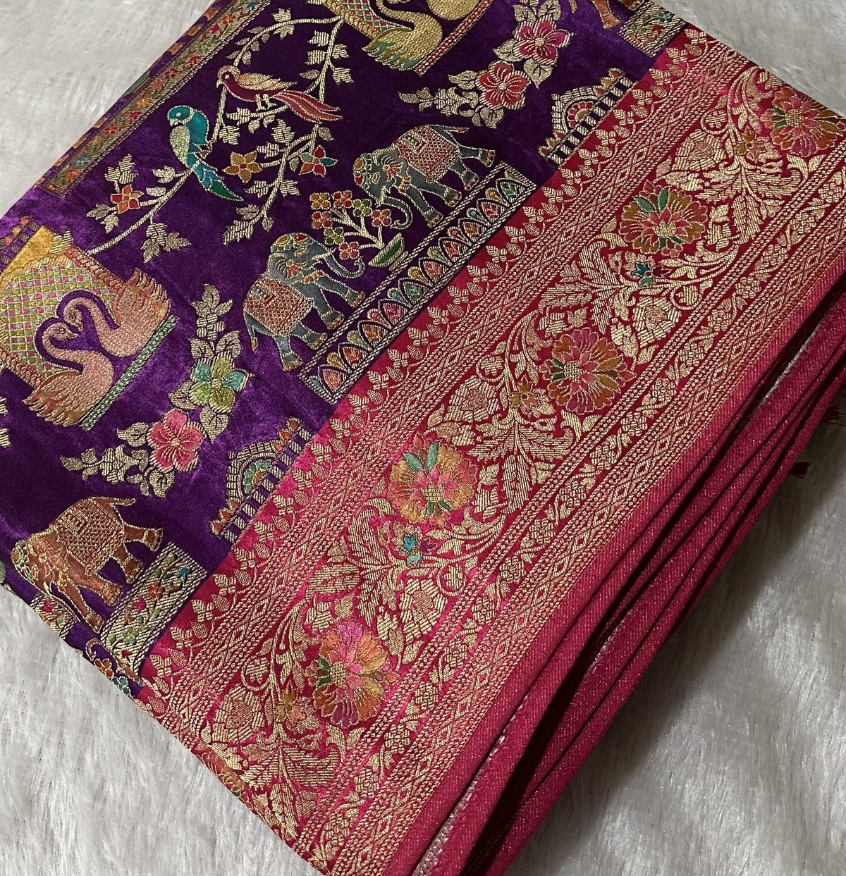 Premium Pashmina silk saree Pink shade With Multi Color Border | Glow & Glitter Boutique