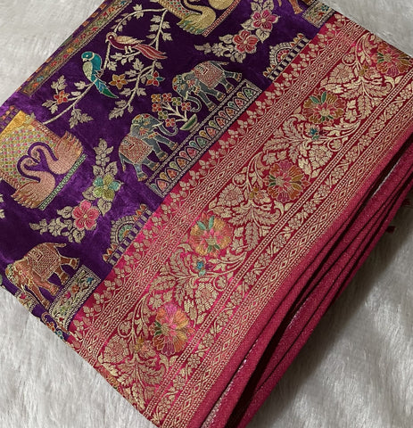 Premium Pashmina silk saree Pink shade With Multi Color Border | Glow & Glitter Boutique
