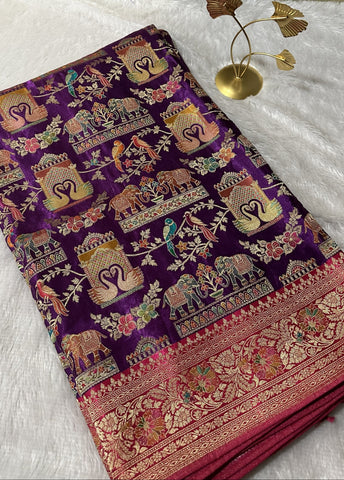 Premium Pashmina silk saree Pink shade With Multi Color Border | Glow & Glitter Boutique