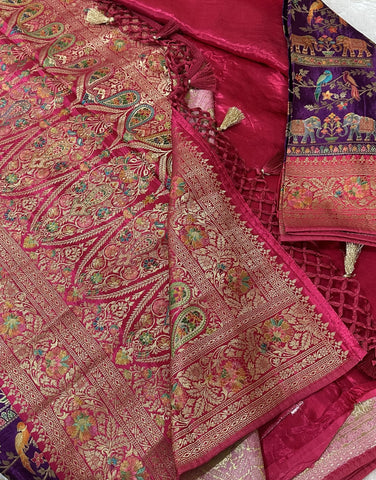 Premium Pashmina silk saree Pink shade With Multi Color Border | Glow & Glitter Boutique