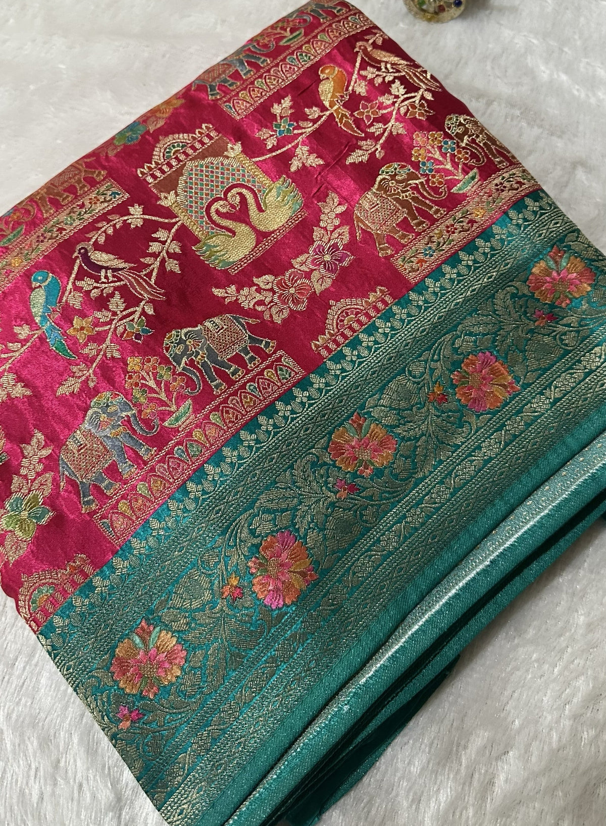 Premium Pashmina silk saree Pink shade With Multi Color Border | Glow & Glitter Boutique
