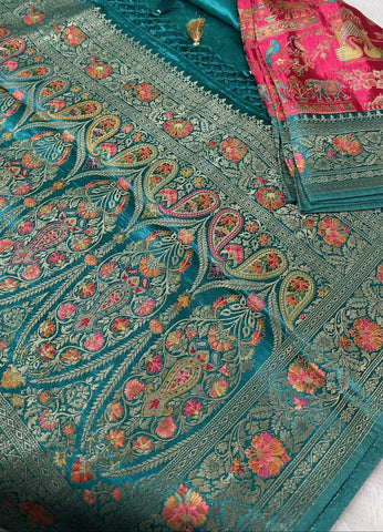 Premium Pashmina silk saree Pink shade With Multi Color Border | Glow & Glitter Boutique