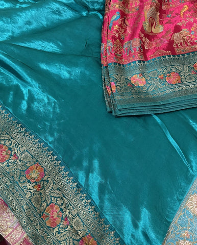 Premium Pashmina silk saree Pink shade With Multi Color Border | Glow & Glitter Boutique