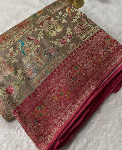 Premium Pashmina silk saree Pink shade With Multi Color Border | Glow & Glitter Boutique