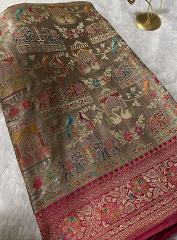 Premium Pashmina silk saree Pink shade With Multi Color Border | Glow & Glitter Boutique