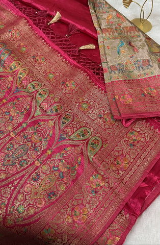 Premium Pashmina silk saree Pink shade With Multi Color Border | Glow & Glitter Boutique