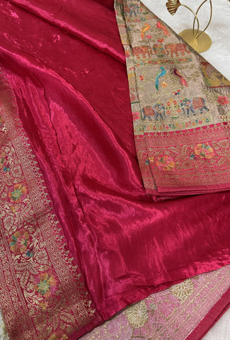Premium Pashmina silk saree Pink shade With Multi Color Border | Glow & Glitter Boutique