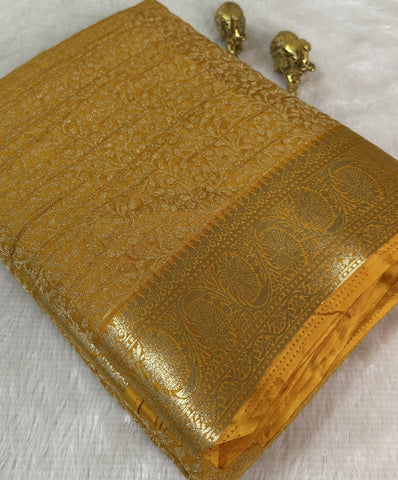 Banaras Brocade Silk Saree With kanchi Border Deep Gold yellow Zari Design | Glow & Glitter Boutique