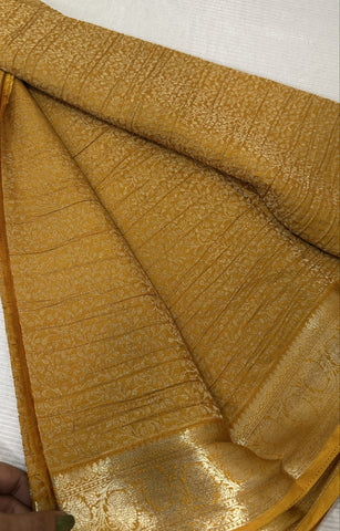 Banaras Brocade Silk Saree With kanchi Border Deep Gold yellow Zari Design | Glow & Glitter Boutique