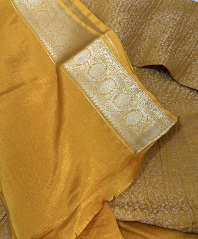 Banaras Brocade Silk Saree With kanchi Border Deep Gold yellow Zari Design | Glow & Glitter Boutique