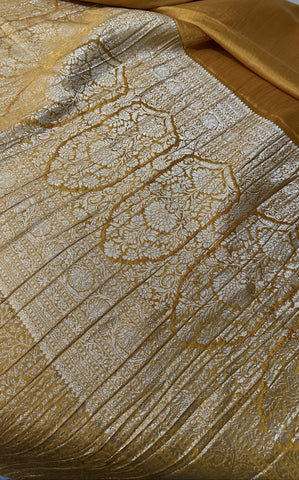 Banaras Brocade Silk Saree With kanchi Border Deep Gold yellow Zari Design | Glow & Glitter Boutique