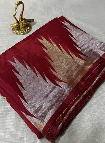 Viscose Silk Saree Red Shade Temple Design  Border | Glow & Glitter Boutique