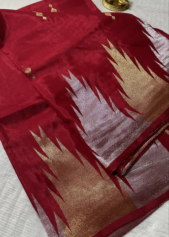 Viscose Silk Saree Red Shade Temple Design  Border | Glow & Glitter Boutique
