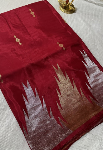 Viscose Silk Saree Red Shade Temple Design  Border | Glow & Glitter Boutique