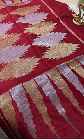 Viscose Silk Saree Red Shade Temple Design  Border | Glow & Glitter Boutique