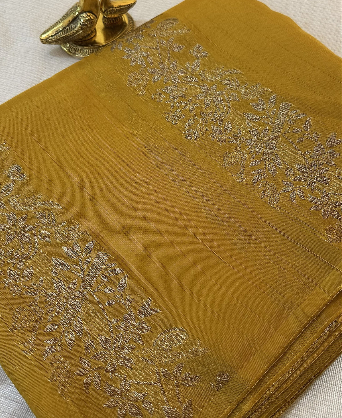 Tussar silk saree Mustard yellow with Pannel intericate Design | Glow & Glitter Boutique
