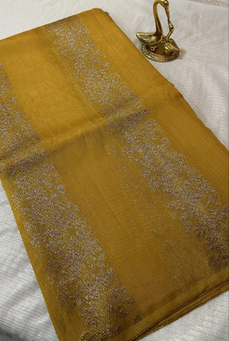 Tussar silk saree Mustard yellow with Pannel intericate Design | Glow & Glitter Boutique