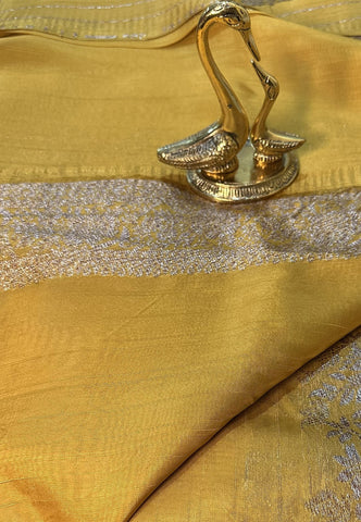 Tussar silk saree Mustard yellow with Pannel intericate Design | Glow & Glitter Boutique