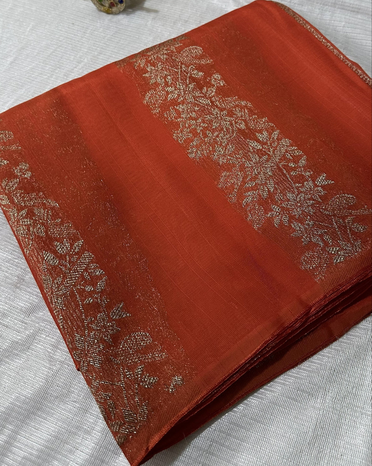 S - Tussar silk saree Orange with Pannel intericate Design | Glow & Glitter Boutique
