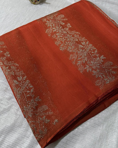 S - Tussar silk saree Orange with Pannel intericate Design | Glow & Glitter Boutique