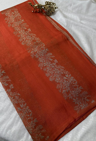 S - Tussar silk saree Orange with Pannel intericate Design | Glow & Glitter Boutique
