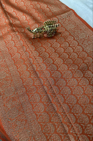 S - Tussar silk saree Orange with Pannel intericate Design | Glow & Glitter Boutique