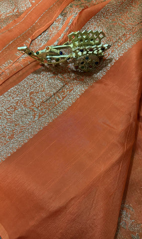 S - Tussar silk saree Orange with Pannel intericate Design | Glow & Glitter Boutique