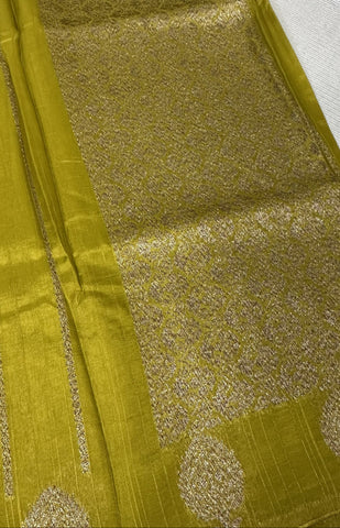 Tussar silk saree Lemon Green with Floral Butta Design | Glow & Glitter Boutique