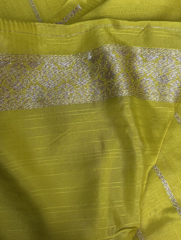 Tussar silk saree Lemon Green with Floral Butta Design | Glow & Glitter Boutique