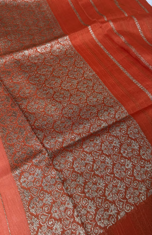 Tussar silk saree Orange with Floral Butta Design | Glow & Glitter Boutique