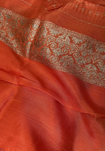Tussar silk saree Orange with Floral Butta Design | Glow & Glitter Boutique