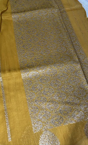 Tussar silk saree Mustard yellow with Floral Butta Design | Glow & Glitter Boutique