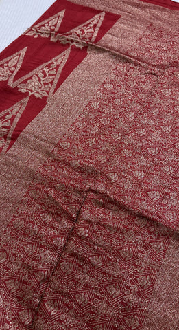 Tussar silk saree RED with Temle Design | Glow & Glitter Boutique
