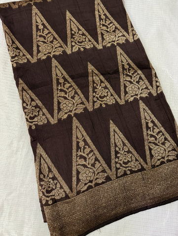 Tussar silk saree Brown with Temle Design | Glow & Glitter Boutique