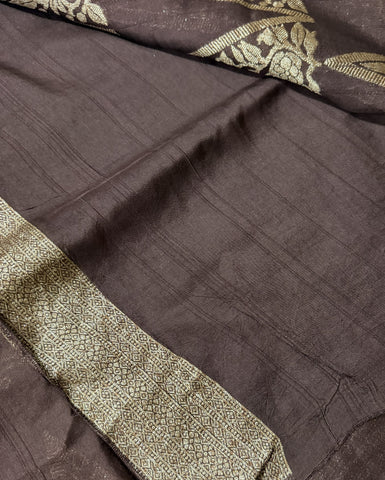Tussar silk saree Brown with Temle Design | Glow & Glitter Boutique